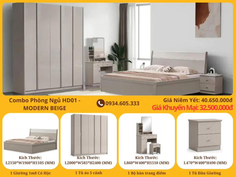 Tổng thể combo phòng ngủ hiện đại màu be, bao gồm giường đôi, tủ quần áo 5 cánh, bàn trang điểm và tủ đầu giường, được sắp…