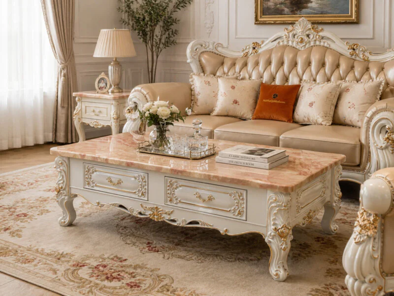 Bàn trà tân cổ điển BTA19-14 của Gia Khánh đặt trong không gian phòng khách sang trọng, được chụp từ góc tổng thể phía trư…