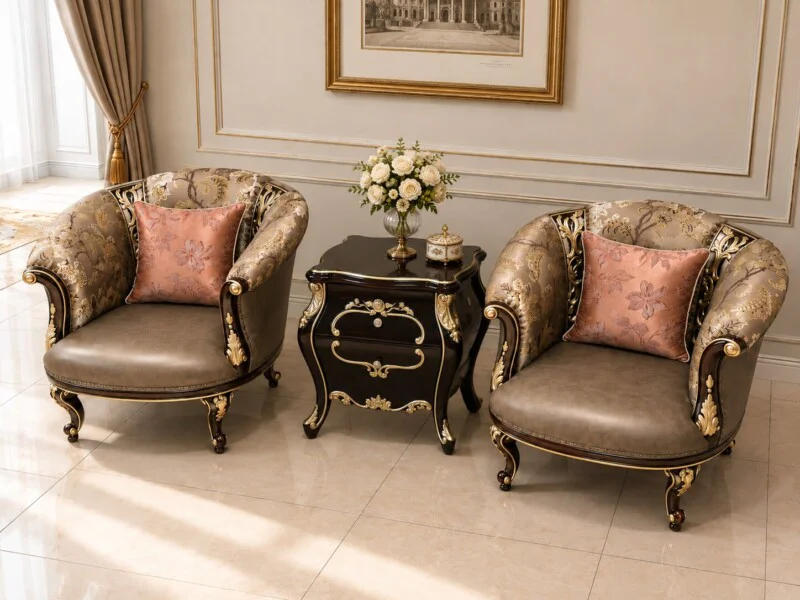 Combo ghế thư giãn Royal Camellia G8802 chụp chính diện, gồm hai ghế đơn và một bàn trà nhỏ đặt giữa. Ghế có tựa lưng cao…