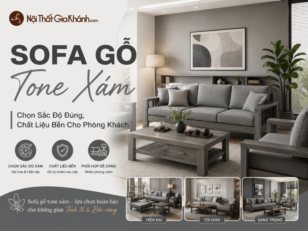 Sofa Gỗ Tone Xám: Chọn Sắc Độ Đúng, Chất Liệu Bền Cho Phòng Khách