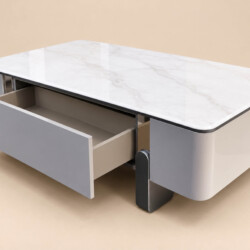 Bàn trà LUNA BT6209-14 với ngăn kéo được mở ra, cho thấy không gian lưu trữ tiện lợi bên trong. Mặt bàn đá vi tinh thể trắ…