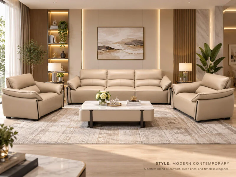 Bộ sofa COCOON màu be nhạt, gồm một băng ba, một băng đôi và hai ghế đơn, được bố trí hài hòa trong không gian phòng khách…