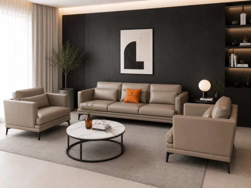 Góc nhìn tổng thể bộ sofa LEXINGTON màu nâu be từ phía trước, làm nổi bật thiết kế thanh lịch và không gian phòng khách sa…