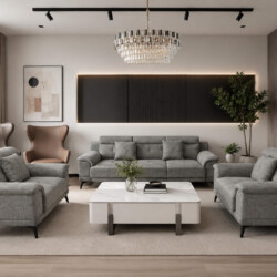 Toàn cảnh bộ sofa vải nỉ Belluno SB01 màu xám nhạt, đặt trong phòng khách hiện đại với sàn gỗ và tường trắng. Bộ sản phẩm…