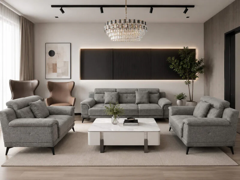 Toàn cảnh bộ sofa vải nỉ Belluno SB01 màu xám nhạt, đặt trong phòng khách hiện đại với sàn gỗ và tường trắng. Bộ sản phẩm…