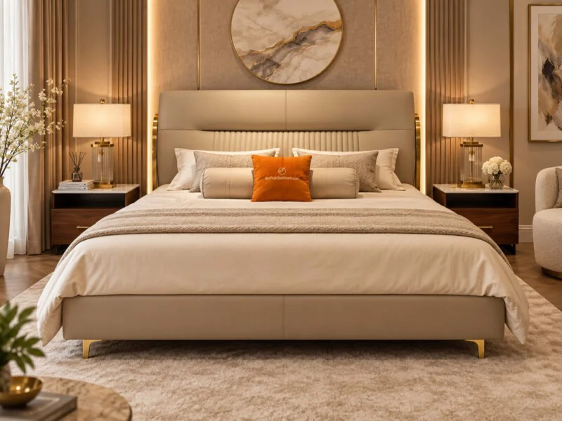 Giường ngủ GIQF918-18 nhìn từ góc hơi chếch, đặt trong không gian phòng ngủ luxury ấm cúng. Đầu giường cao, bọc da màu be…