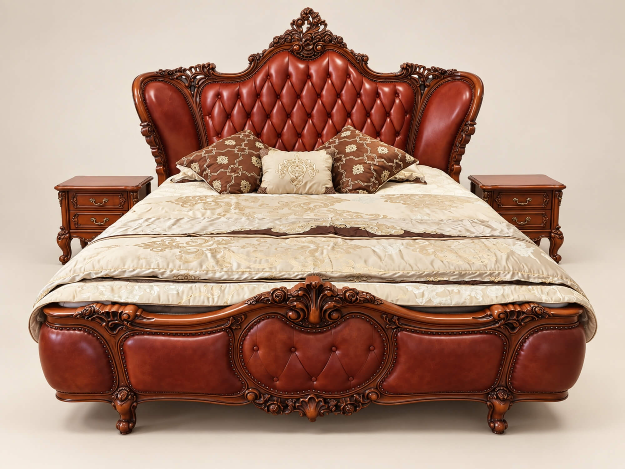 Giường ngủ ROSABELLA 2m2 tân cổ điển chụp cận cảnh từ góc thấp, làm nổi bật các chi tiết chạm khắc tinh xảo trên khung gỗ…