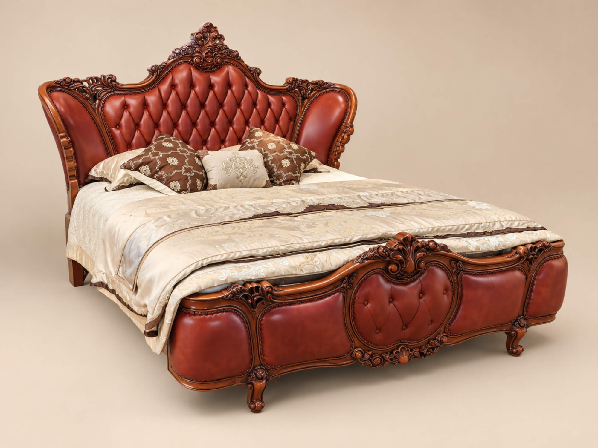 Giường ngủ ROSABELLA 1M8 được chụp từ góc nghiêng cao, phô diễn toàn bộ cấu trúc và đường nét uốn lượn của đầu giường và c…