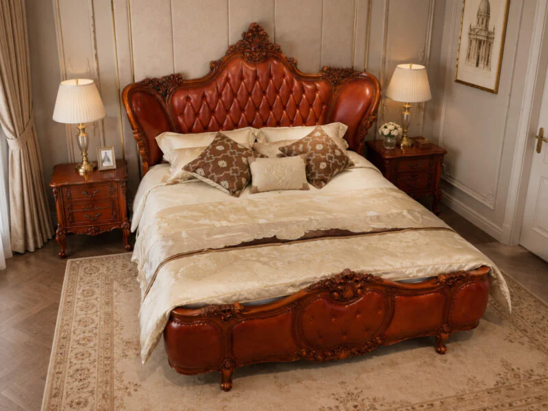 Giường ngủ ROSABELLA 1M8 nhìn từ góc hơi chếch, làm nổi bật phần đầu giường bọc da bò thật với các nút rút và đường viền đ…