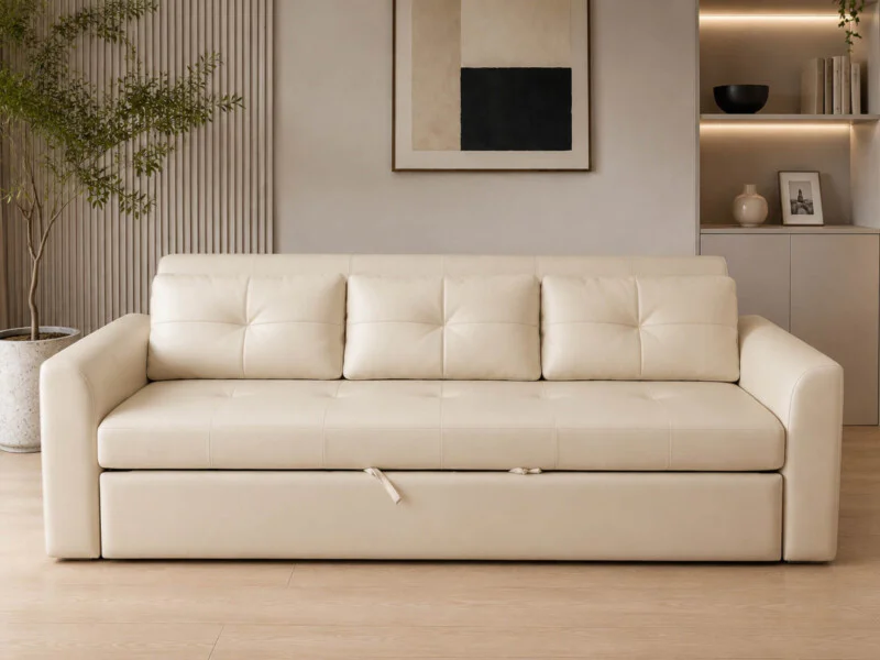 Sofa giường Lamia C1004 màu kem nhạt, chụp chính diện trong trạng thái sofa ba chỗ ngồi. Sản phẩm có thiết kế hiện đại, đư…