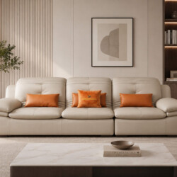 Sofa băng NEROX màu kem nhạt, bọc da cao cấp, đặt trong phòng khách hiện đại. Góc chụp chính diện, làm nổi bật thiết kế đệ…