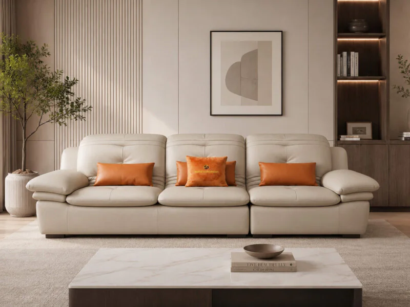 Sofa băng NEROX màu kem nhạt, bọc da cao cấp, đặt trong phòng khách hiện đại. Góc chụp chính diện, làm nổi bật thiết kế đệ…