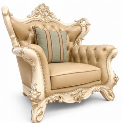 Sofa đơn Royal Crown SB982H được chụp chính diện trên nền trắng, làm nổi bật toàn bộ kiểu dáng tân cổ điển. Khung gỗ Sồi t…