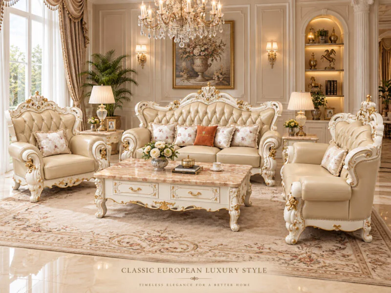 Toàn cảnh bộ sofa VERSALÉON màu kem với khung gỗ chạm khắc dát vàng tinh xảo, đặt trong phòng khách tân cổ điển. Căn phòng…