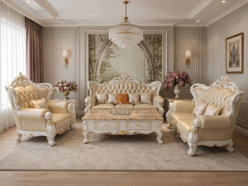 Bộ sofa tân cổ điển màu kem gồm một băng 3, một băng 2, hai ghế đơn và bàn trà mặt đá, đặt trong phòng khách sang trọng. K…