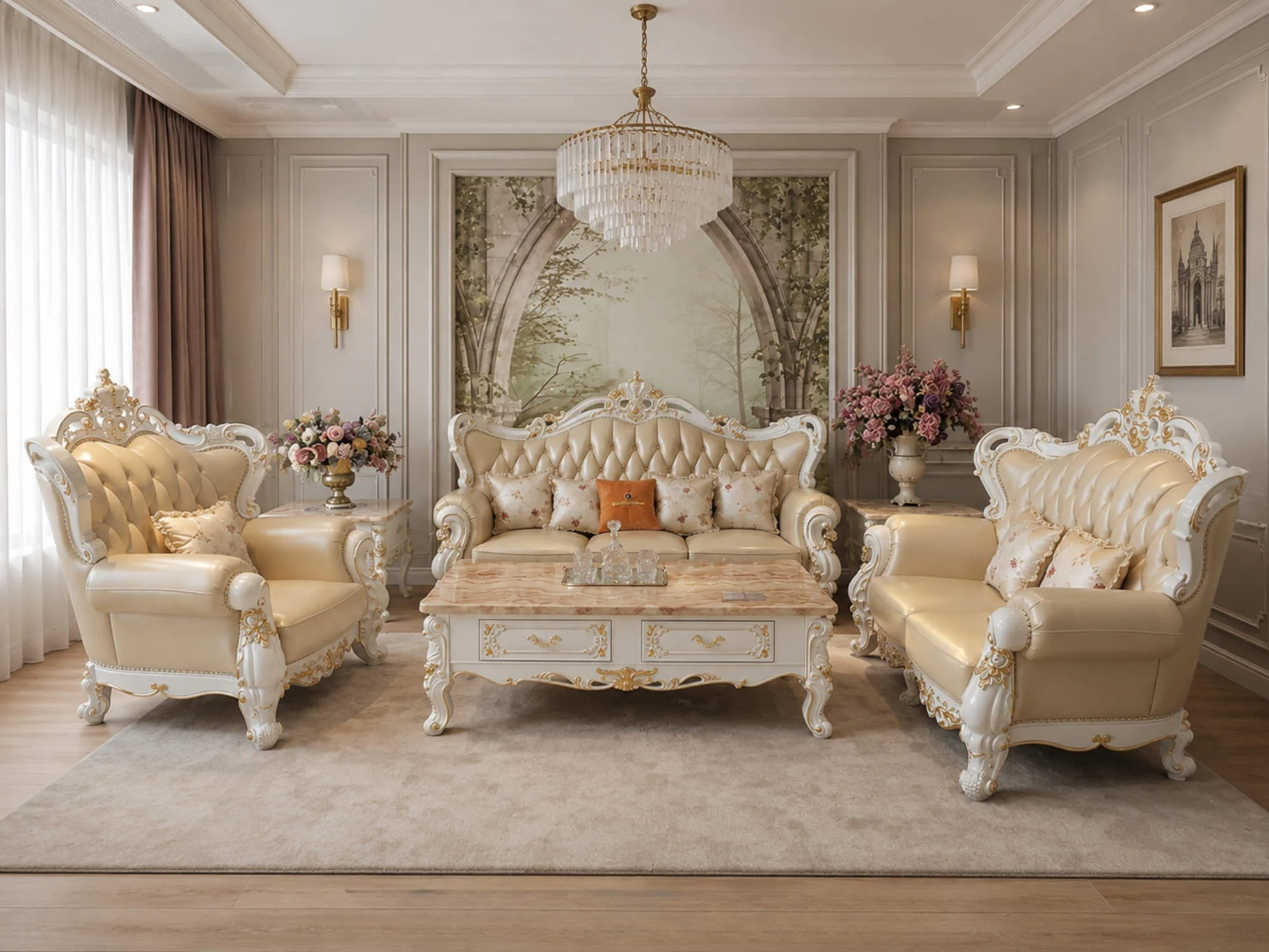 Bộ sofa tân cổ điển màu kem gồm một băng 3, một băng 2, hai ghế đơn và bàn trà mặt đá, đặt trong phòng khách sang trọng. K…