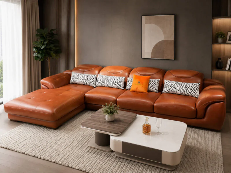 Sofa góc chữ L màu nâu da bò, đặt trong không gian phòng khách hiện đại với bàn trà mặt đá trắng, thảm trải sàn họa tiết v…