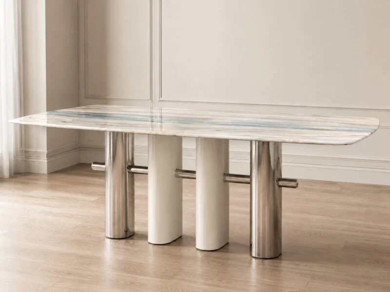 Bàn ăn CELESTIA mặt đá tinh thể 1m8, chụp góc thấp từ phía trước, nổi bật mặt đá trắng vân xám và ba chân trụ tròn lớn màu…