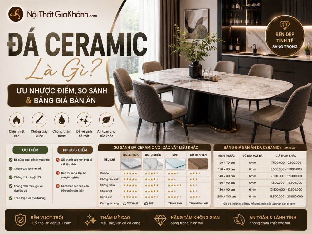 Đá Ceramic Là Gì? Ưu Nhược Điểm, So Sánh & Bảng Giá Bàn Ăn