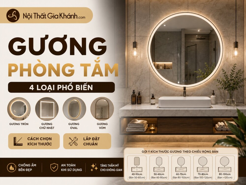 Gương Phòng Tắm: 4 Loại Phổ Biến, Cách Chọn Kích Thước & Lắp Đặt Chuẩn