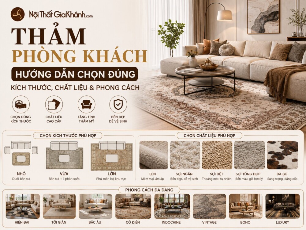 Thảm Phòng Khách: Hướng Dẫn Chọn Đúng Kích Thước, Chất Liệu và Phong Cách