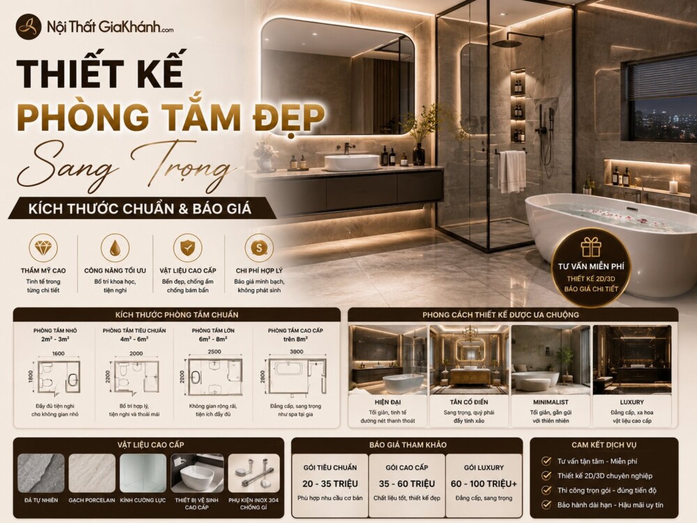 Thiết Kế Phòng Tắm Đẹp Sang Trọng: Kích Thước Chuẩn & Báo Giá