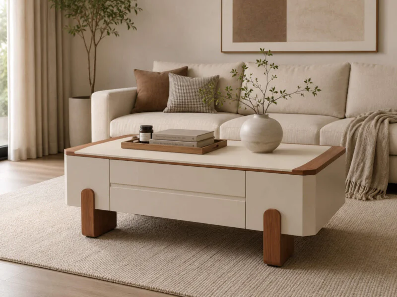 Bàn trà HARU BT8602 đặt trong không gian phòng khách hiện đại, góc chụp hơi chếch từ trên xuống. Bàn có mặt be nhạt, thân…