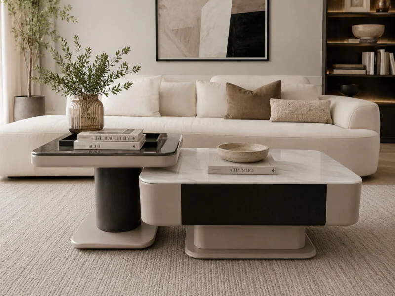 Bàn trà đôi RIVA 505 đặt trong không gian phòng khách hiện đại với sofa trắng, thảm be và kệ sách. Bàn lớn có mặt kính trắ…