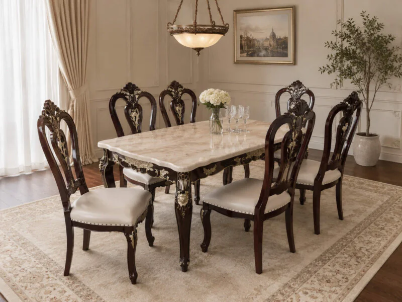 Bộ bàn ghế ăn VICTORIA ROSE 6 ghế được bài trí trong phòng ăn ấm cúng, ánh sáng tự nhiên. Bàn ăn mặt đá cẩm thạch màu be…
