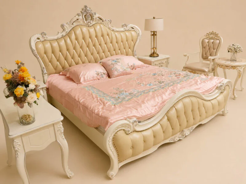 Giường MONARCHIA 1m8 trong bối cảnh phòng ngủ ấm cúng, chụp từ góc rộng. Giường có đầu và đuôi bọc da màu kem/vàng nhạt, k…