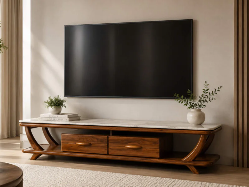 Kệ tivi ARCO W01 được chụp góc hơi nghiêng, cho thấy rõ hơn đường cong mềm mại của khung gỗ Mun tự nhiên màu nâu bóng. Mặt…