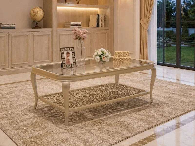 Bàn trà chữ nhật BTM102-2 phong cách Mỹ, chụp chính diện trong không gian phòng khách sang trọng. Bàn có khung gỗ sồi nhập…