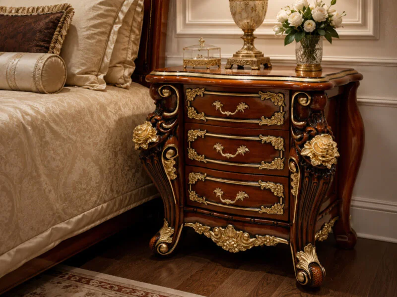 Góc chụp cận cảnh tủ đầu giường GOLDEN ROSE TA926 đặt cạnh giường ngủ lớn. Tủ có ba ngăn kéo với tay nắm kim loại mạ vàng…