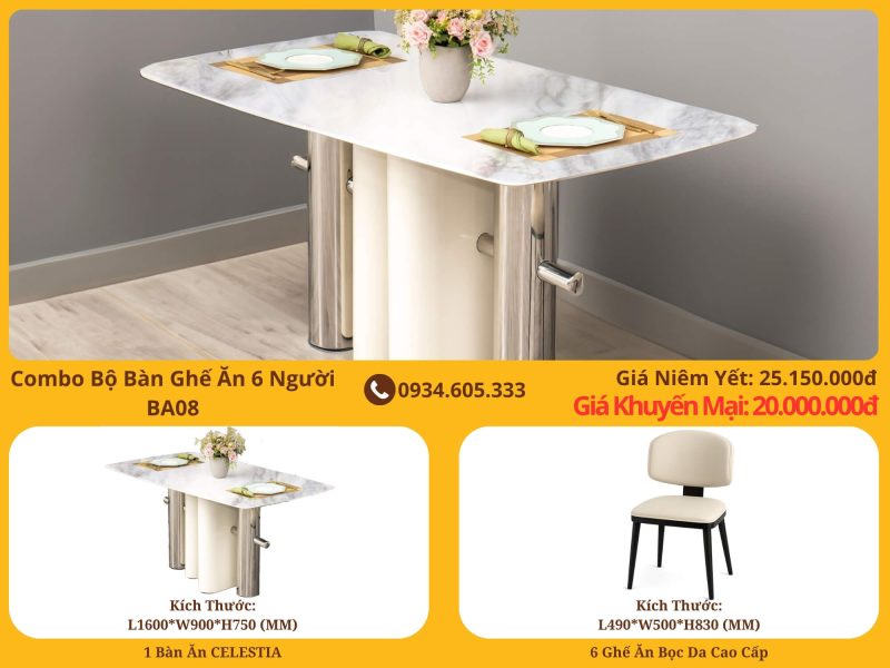 Combo Bàn Ghế Ăn 6 Người Hiện Đại Luxury BA08