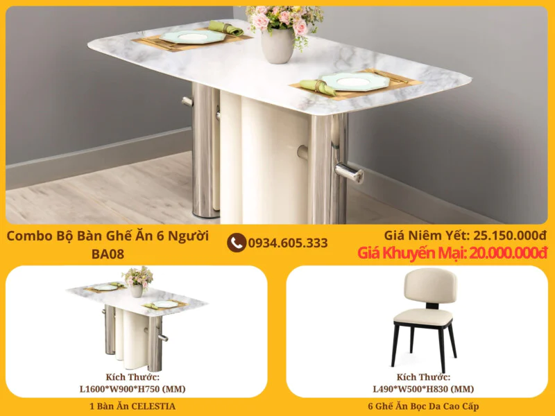 Hình ảnh tổng thể bộ bàn ghế ăn 6 người BA08, chụp từ góc nghiêng, làm nổi bật bàn ăn mặt đá trắng vân mây hình chữ nhật b…