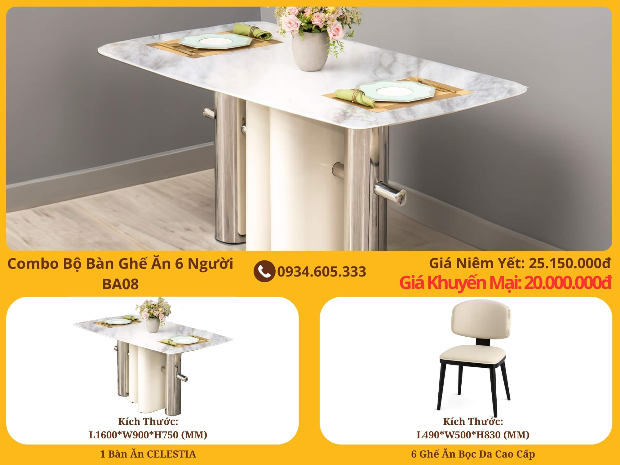 Combo Bàn Ghế Ăn 6 Người Hiện Đại Luxury BA08
