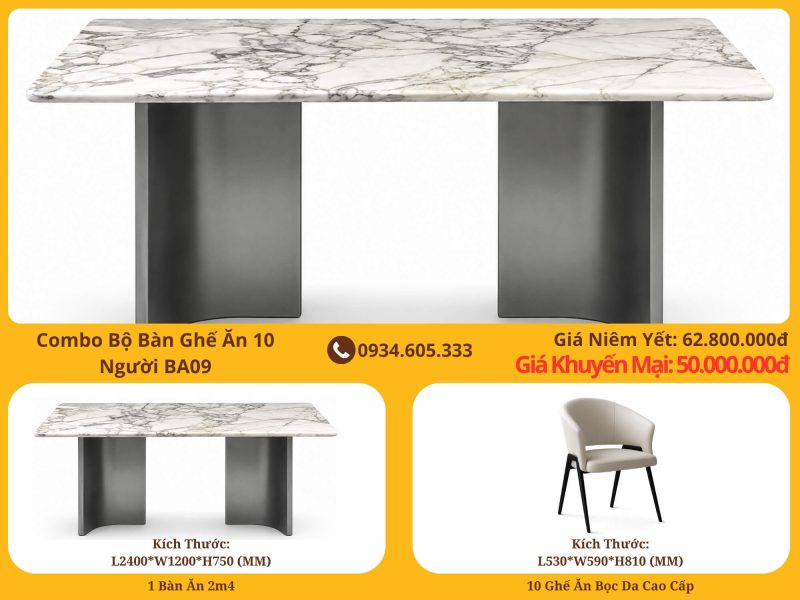 Combo Bàn Ghế Ăn 10 Người Hiện Đại Luxury BA09