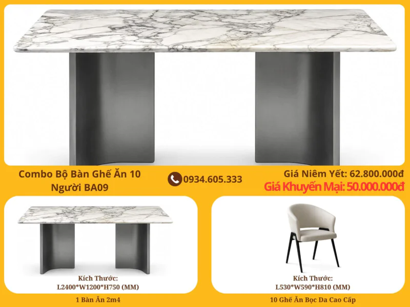 Hình ảnh tổng thể combo bàn ghế ăn 10 người BA09 phong cách hiện đại luxury. Bàn ăn có mặt đá marble trắng vân mây sang tr…
