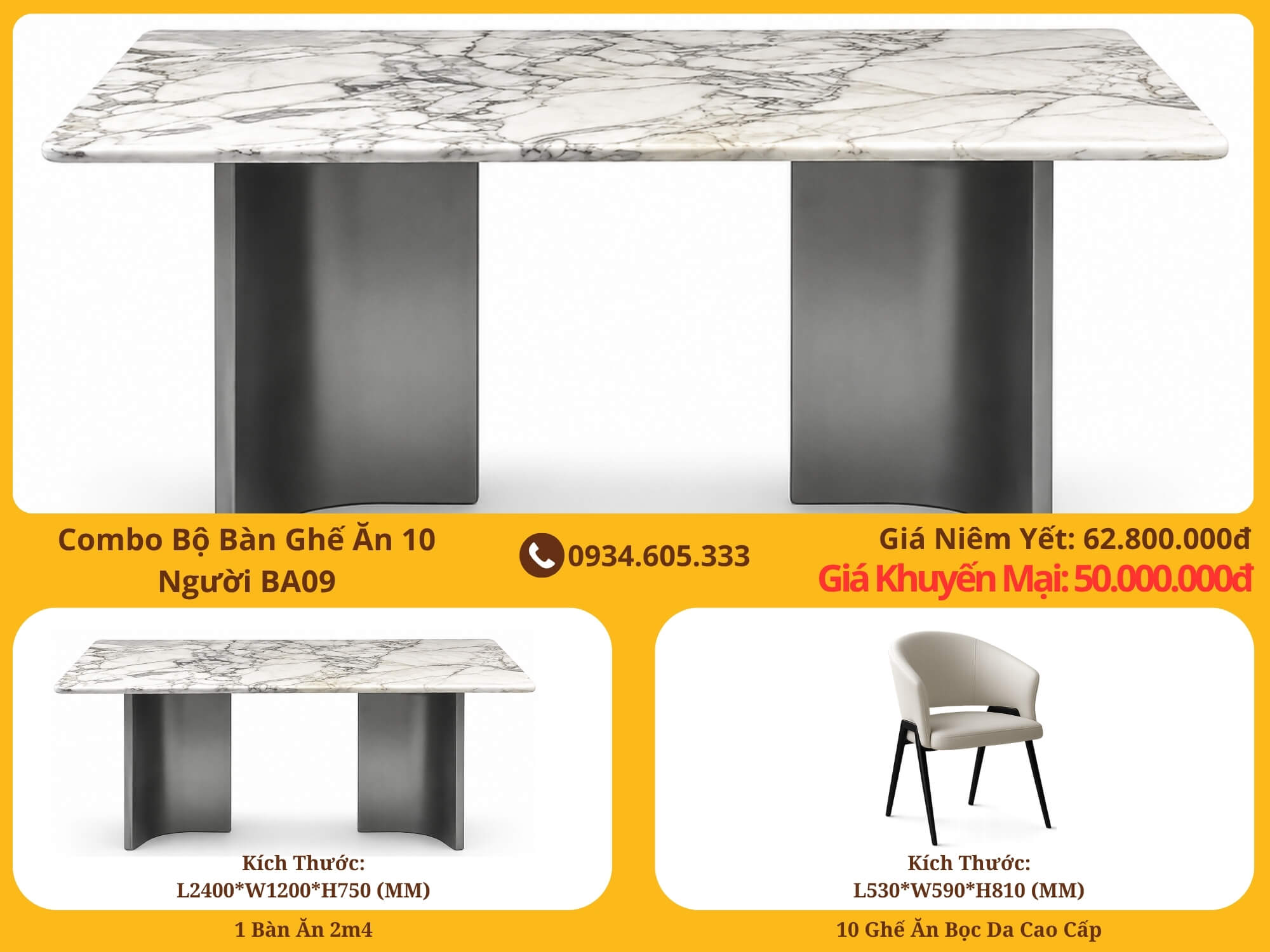 Combo Bàn Ghế Ăn 10 Người Hiện Đại Luxury BA09