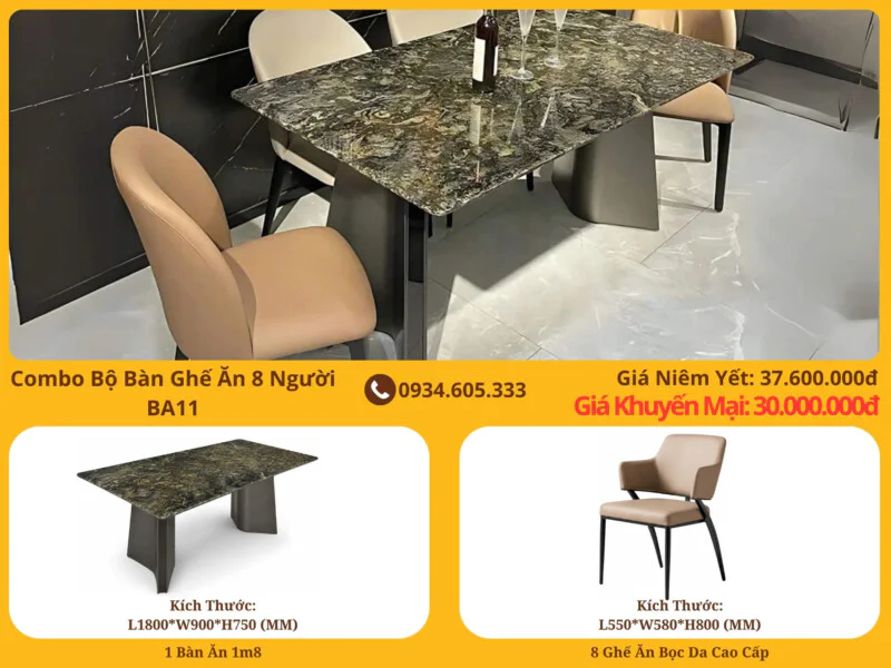 Combo bàn ghế ăn 8 người BA11 chụp từ góc trên, tổng thể hiện đại và sang trọng. Mặt bàn đá vân đen nâu độc đáo, chân bàn…