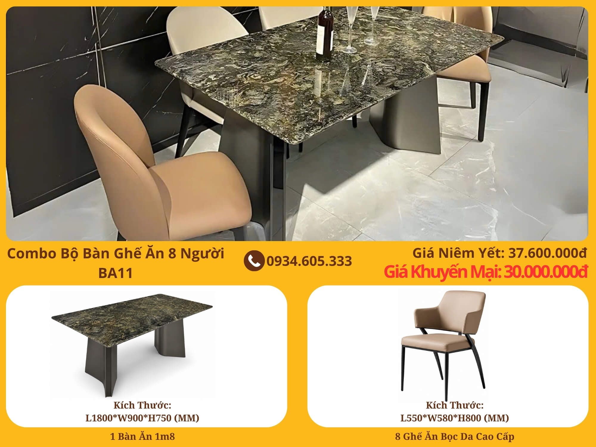 Combo Bàn Ghế Ăn 8 Người Luxury Hiện Đại BA11