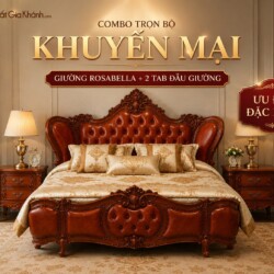 Ảnh tổng thể combo giường ngủ ROSABELLA và hai tab đầu giường, chụp chính diện trong bối cảnh phòng ngủ sang trọng. Giường…