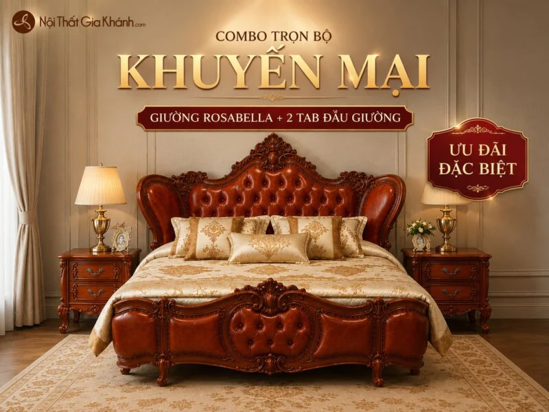 Ảnh tổng thể combo giường ngủ ROSABELLA và hai tab đầu giường, chụp chính diện trong bối cảnh phòng ngủ sang trọng. Giường…