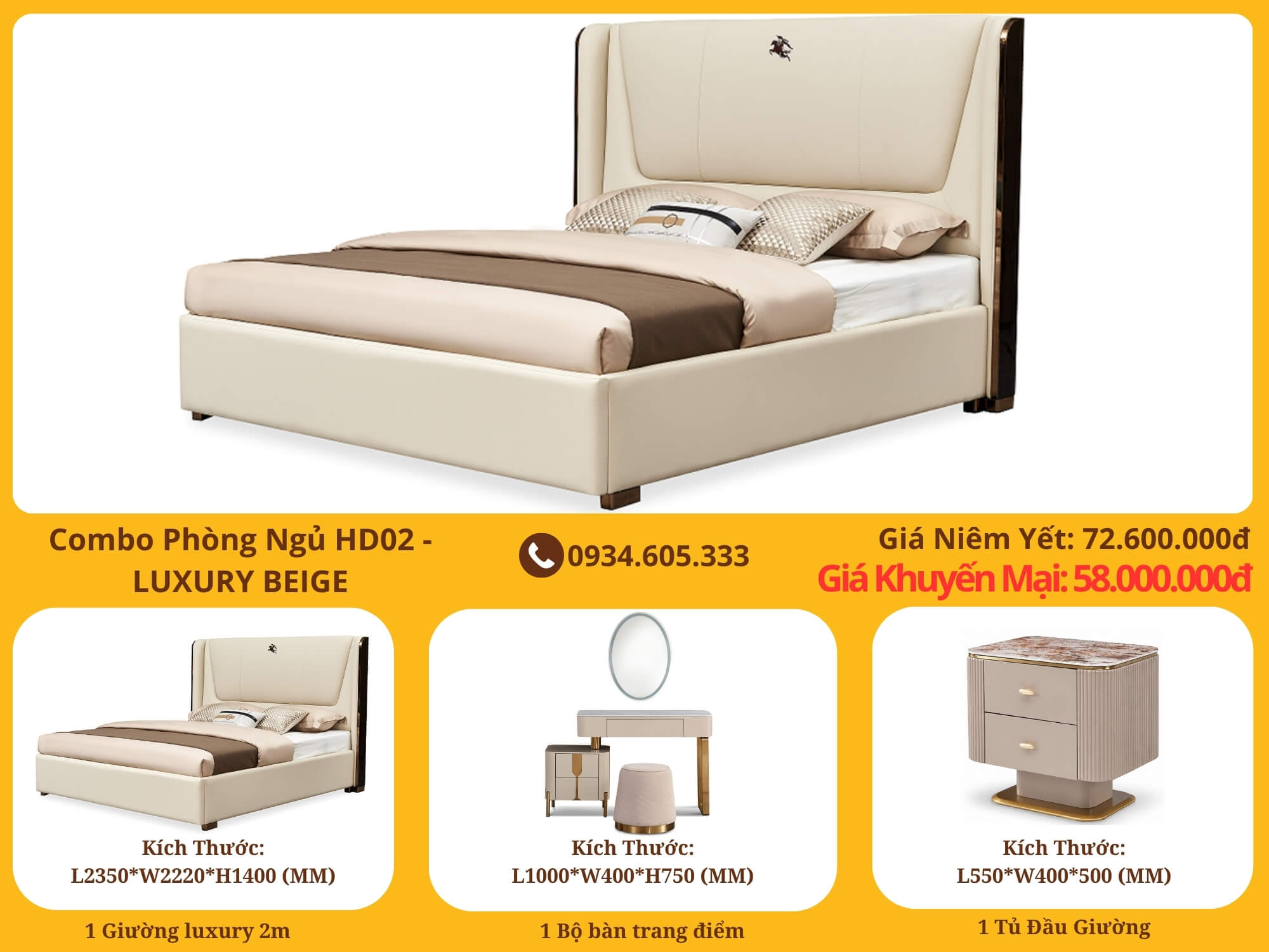 Combo Bộ Phòng Ngủ Hiện Đại Luxury BEIGE HD02