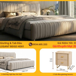 Combo giường và tab đầu giường ELEGANT BEIGE HD01 trong phòng ngủ hiện đại luxury. Giường bọc da màu beige với đầu giường…