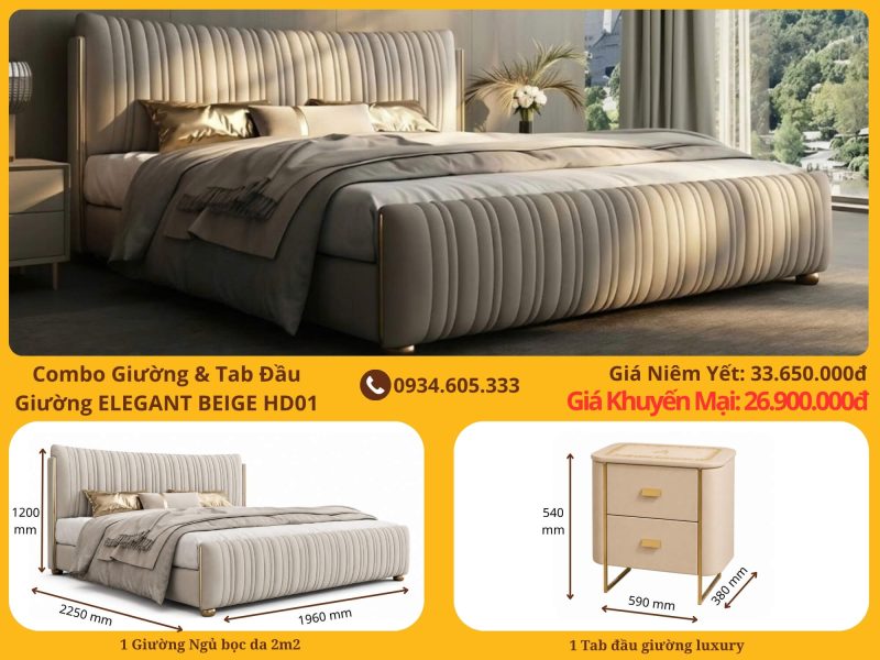 Combo Giường & Tab Đầu Giường ELEGANT BEIGE HD01
