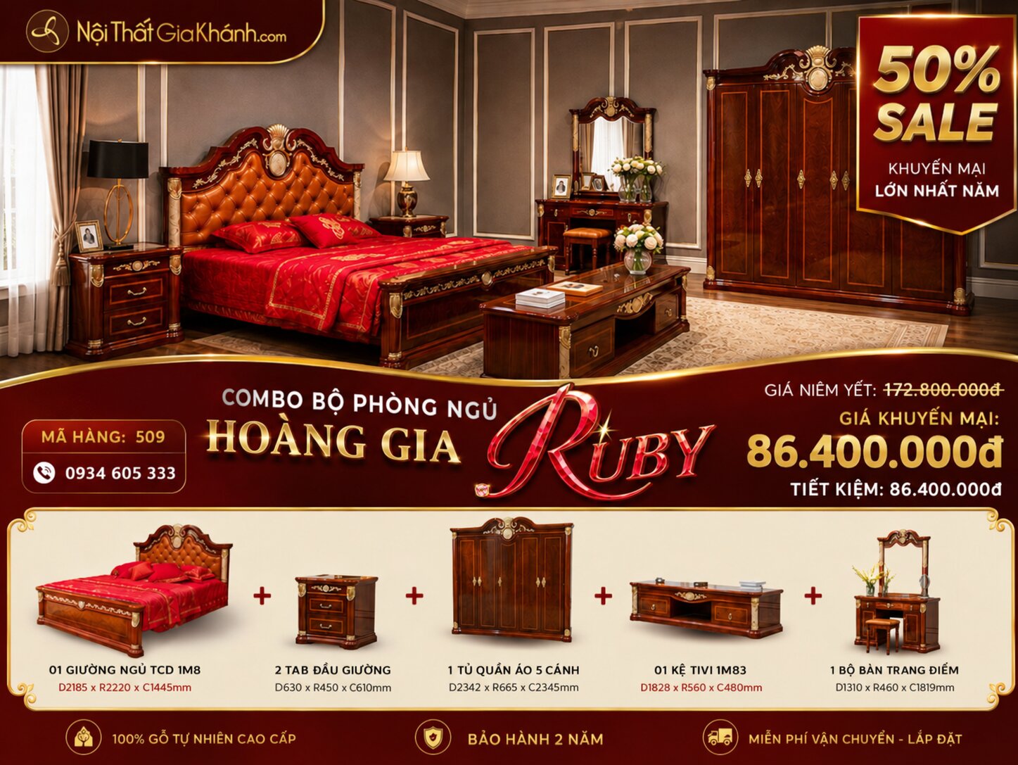 Combo Phòng Ngủ Hoàng Gia Ruby Phong Cách Tân Cổ Điển 509