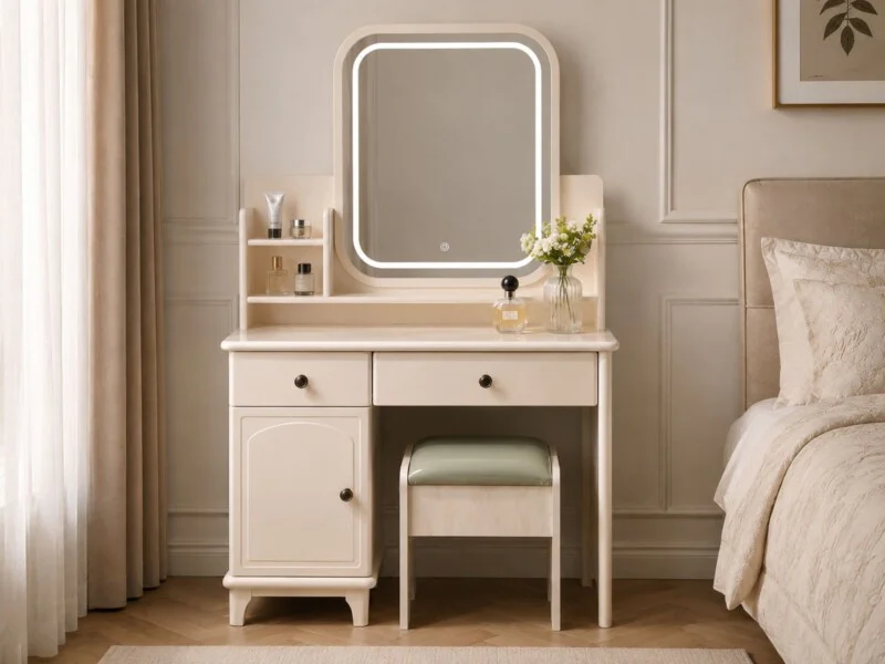 Hình ảnh bàn trang điểm Luna Élise màu kem nhạt chụp từ góc hơi chếch, làm nổi bật thiết kế tối giản. Gương LED hình chữ n…