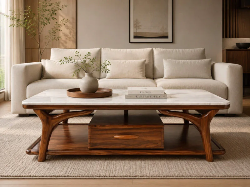 Bàn trà ARBOR đặt giữa không gian phòng khách ấm cúng, phía sau là bộ sofa màu kem nhạt, trên bàn có bình hoa và sách. Bàn…