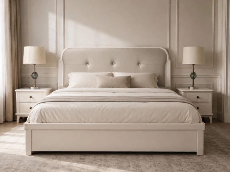 Giường ngủ ALTHEA GN2463 1m8 đặt trong không gian phòng ngủ hiện đại, chụp chính diện. Giường đã được trang bị đệm, ga gối…